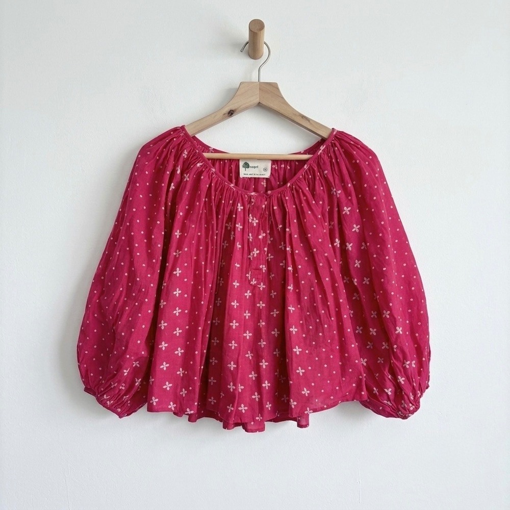 Anthropologie Kopal Luma Peasant Blouse M Pink Block Print Boho Puff Sleeve